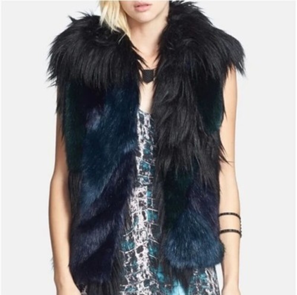 Blank NYC Faux Fur Vest Women M Black Blue Green Furry Wicked Goth Glam Festival